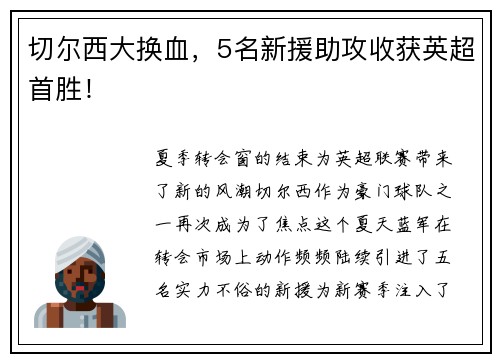 切尔西大换血，5名新援助攻收获英超首胜！